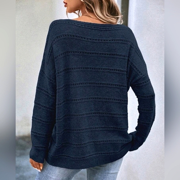 * New Chic Open Knit Stripe Top Sweater Navy Blue - Picture 5 of 8